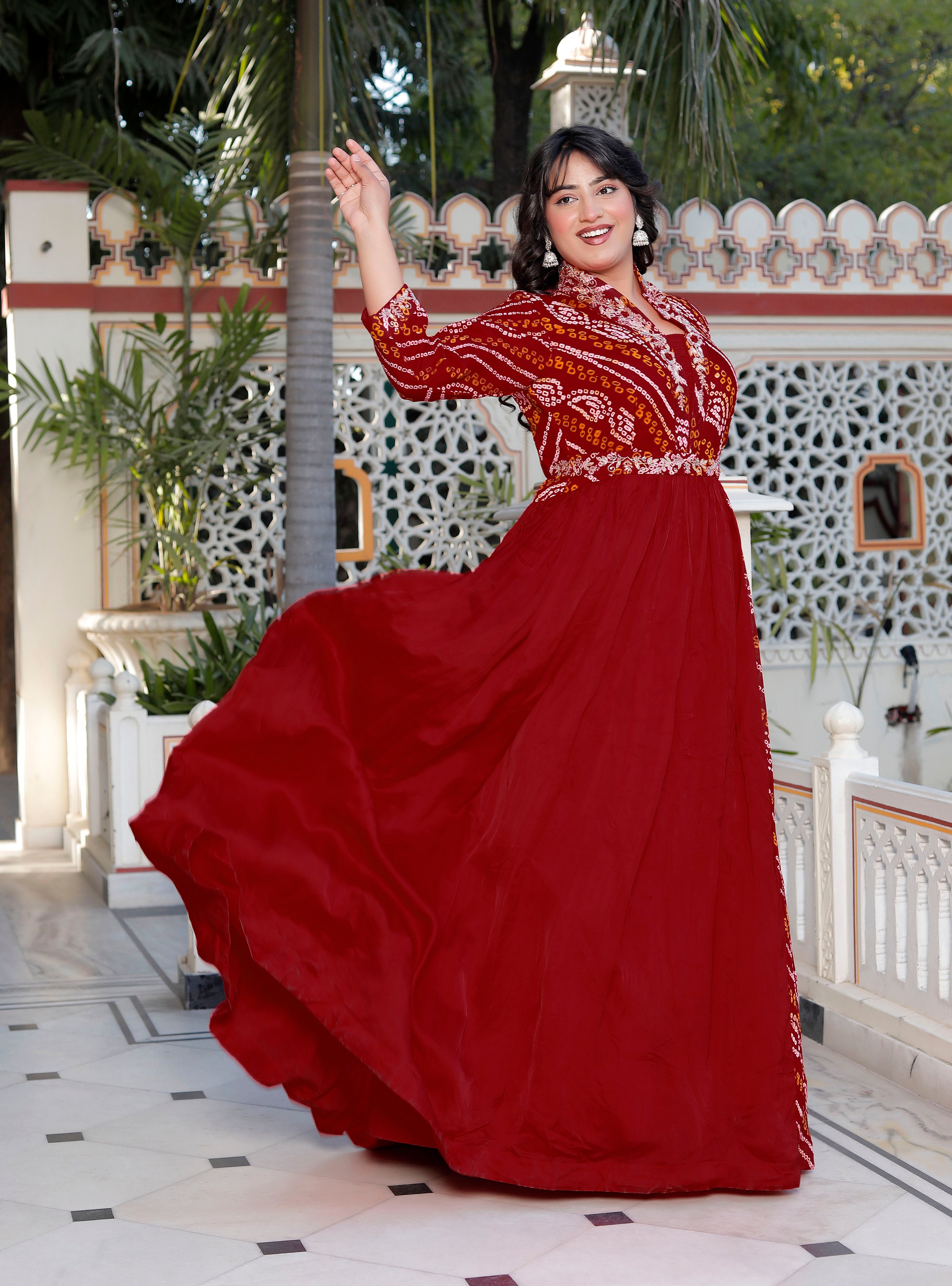 Red Chunri Print Long Flared Gown with Collar Neck & Handwork