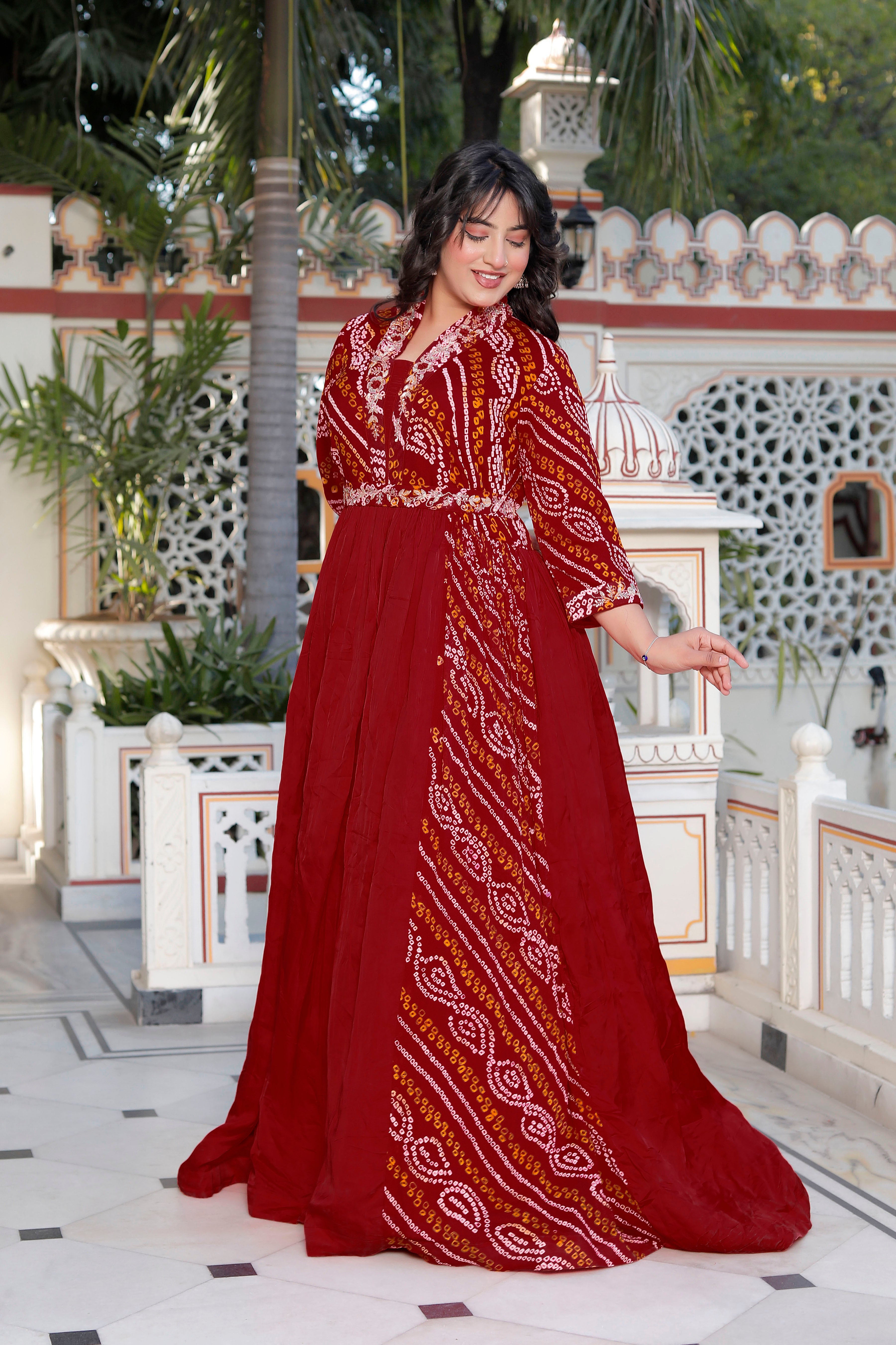 Red Chunri Print Long Flared Gown with Collar Neck & Handwork