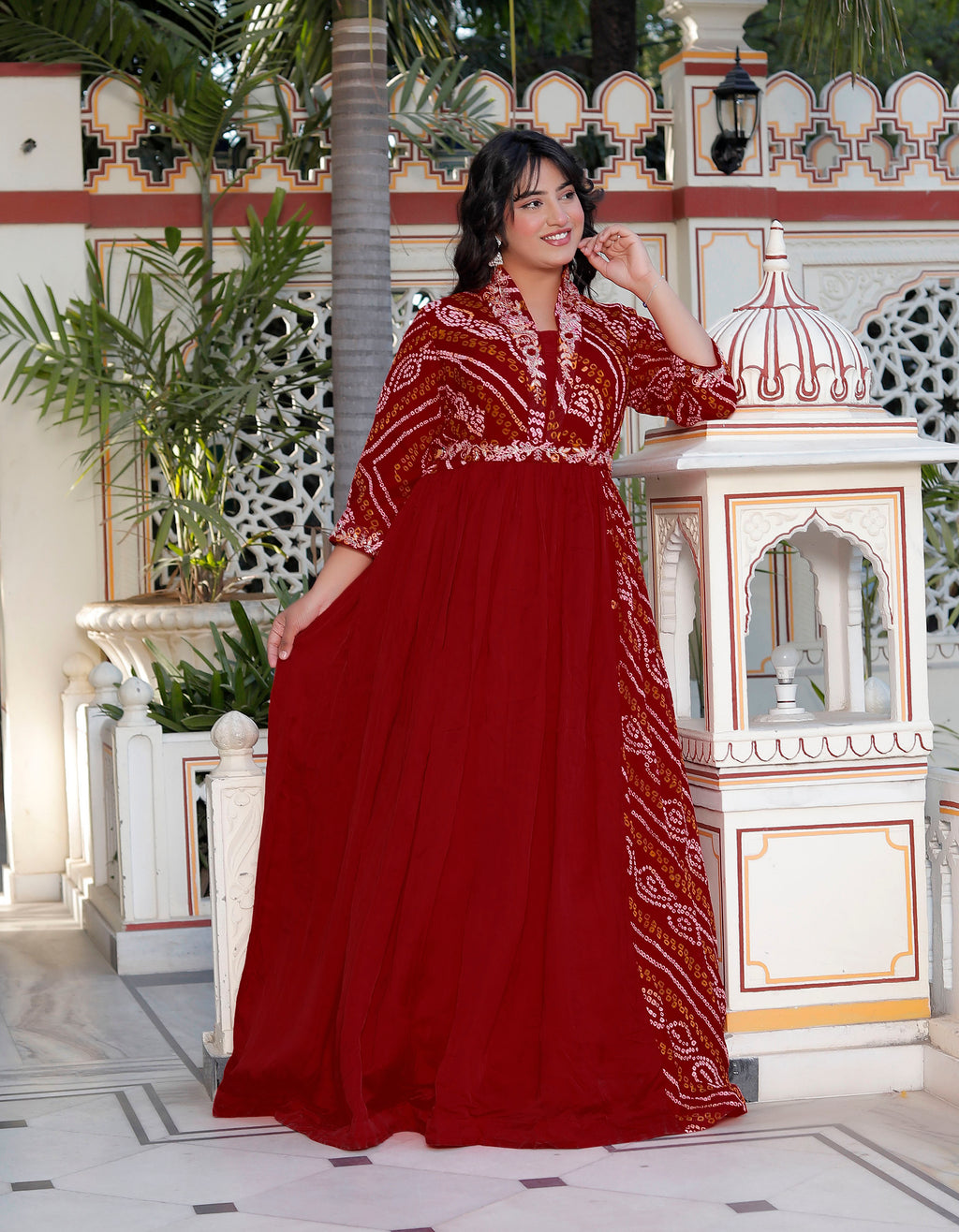 Red Chunri Print Long Flared Gown with Collar Neck & Handwork
