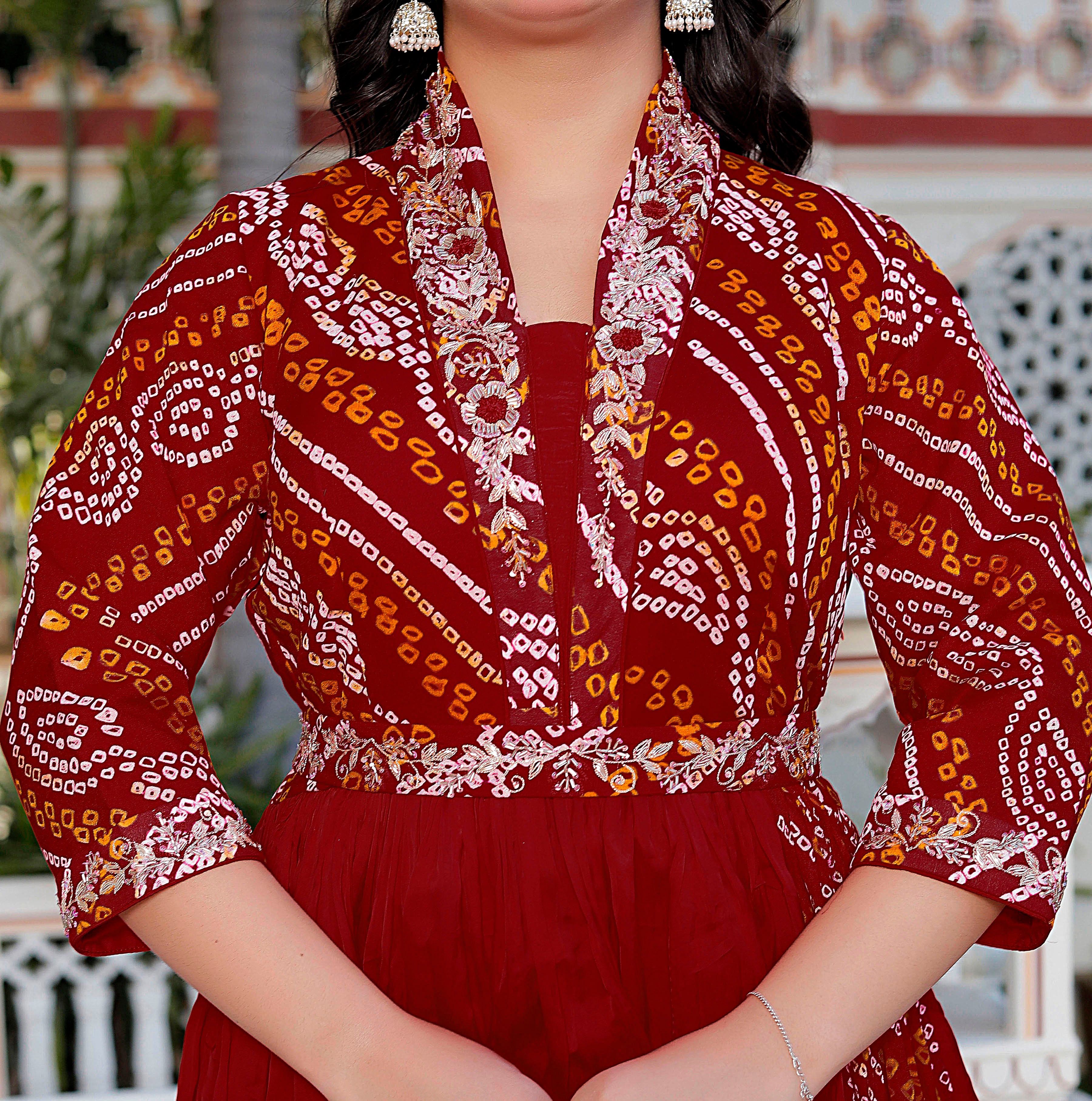 Red Chunri Print Long Flared Gown with Collar Neck & Handwork
