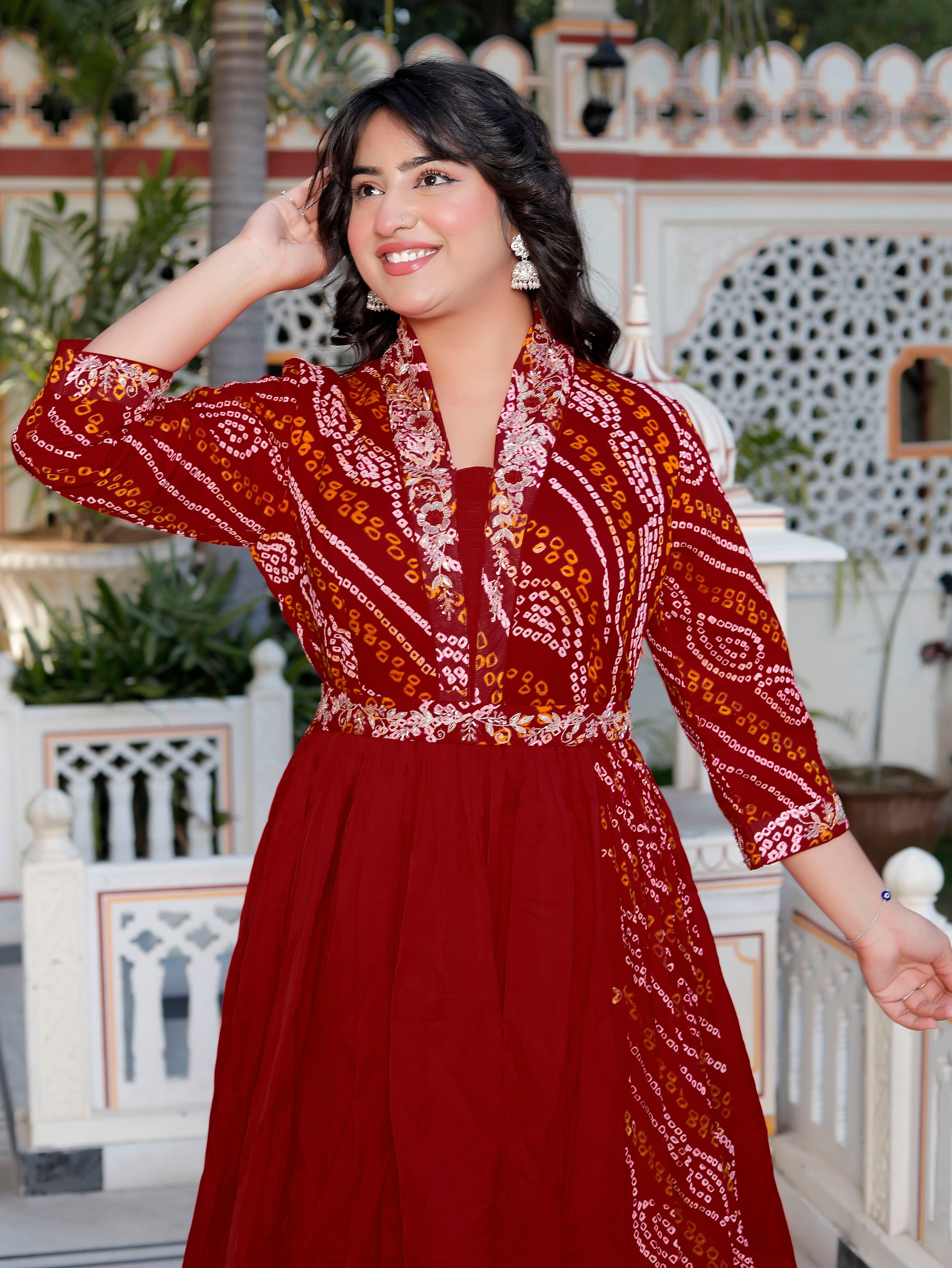 Red Chunri Print Long Flared Gown with Collar Neck & Handwork