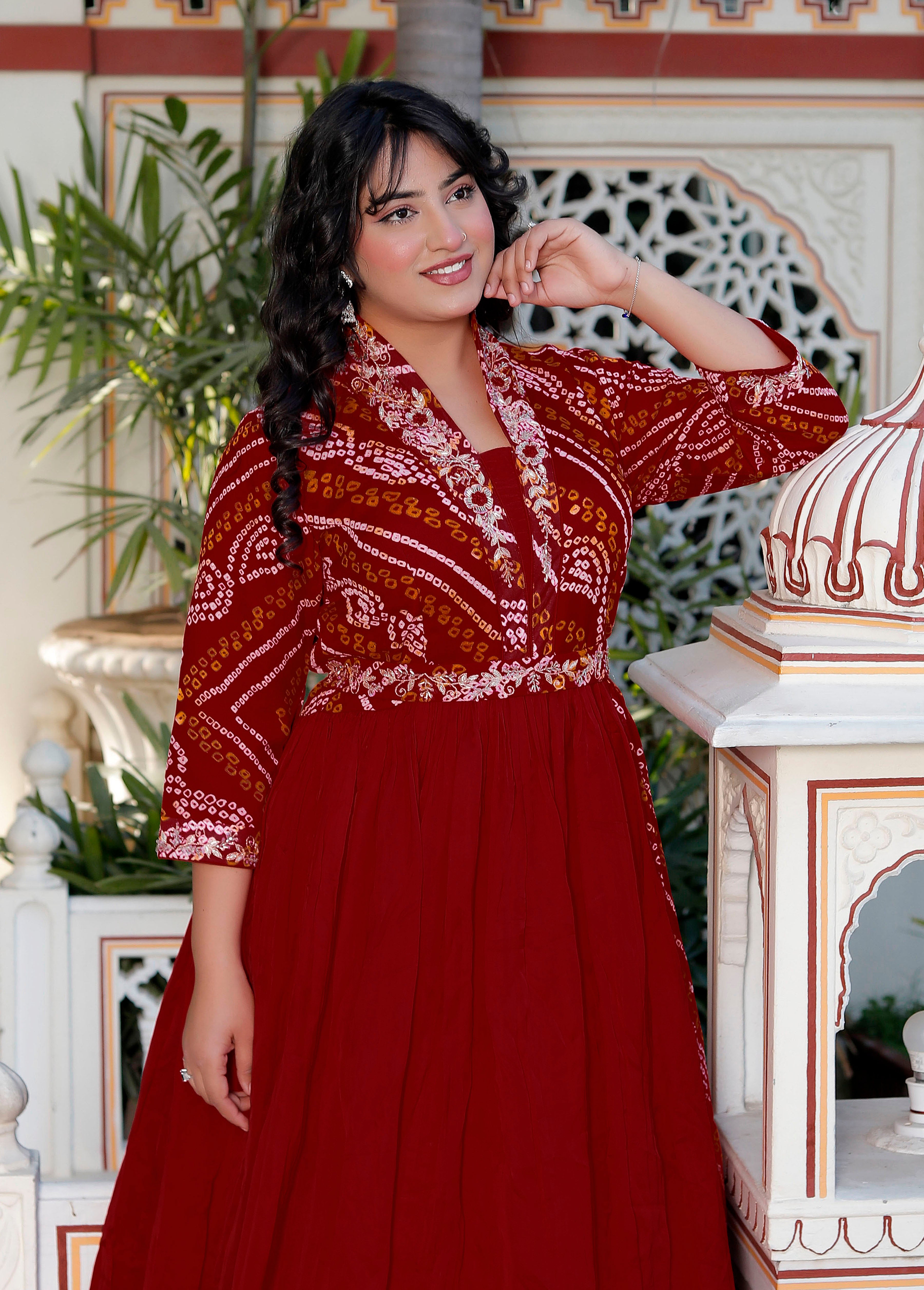 Red Chunri Print Long Flared Gown with Collar Neck & Handwork