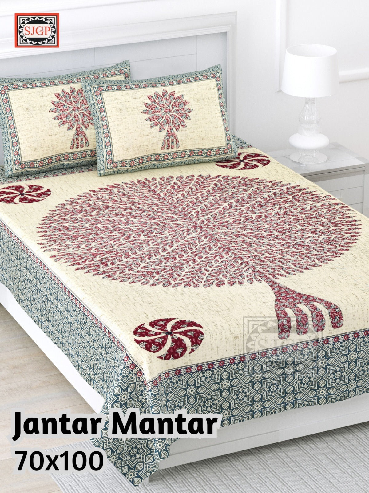 Jantar Mantar Cotton Bedsheet- Maroon Beige Print (70 x 100 Inches)