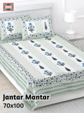 Jantar Mantar Cotton Bedsheet – White & Blue Print (70 x 100 Inches)