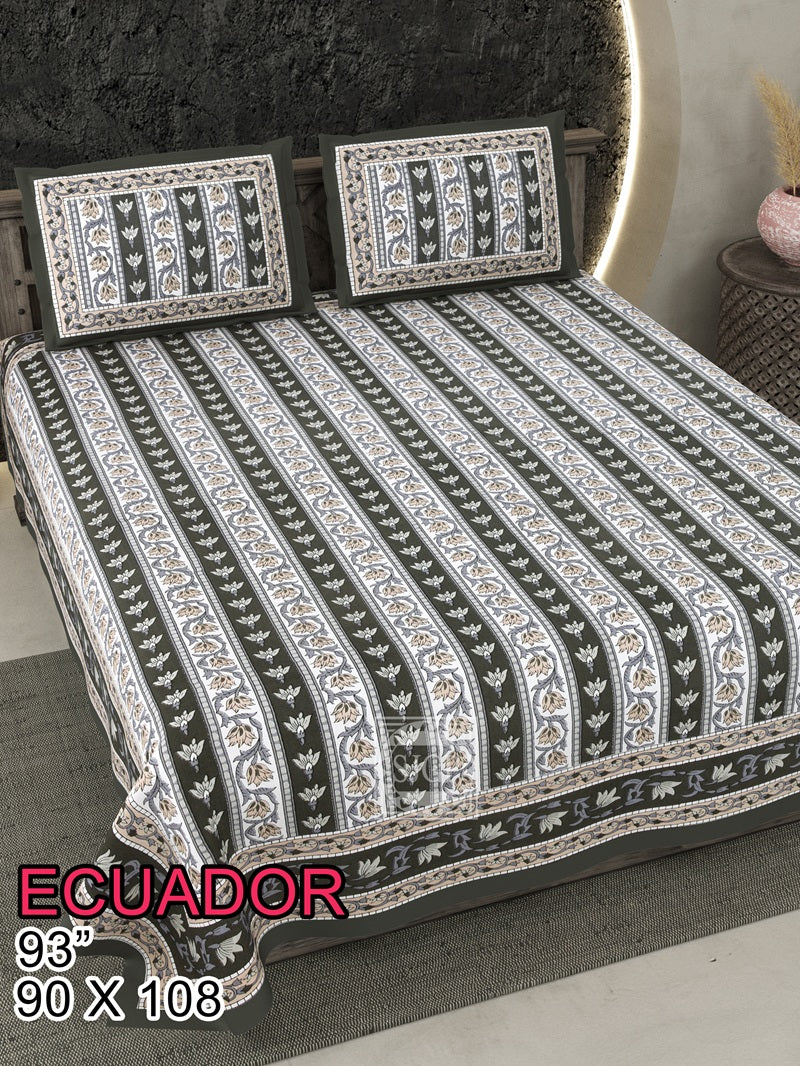 ECAUDOR Cotton Bedsheet- Grey Floral Strips Print (90 x 108 Inches)