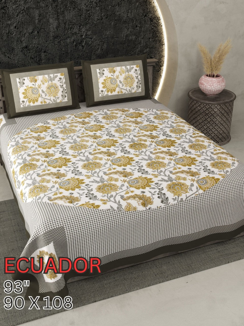 ECAUDOR Cotton Bedsheet- Yellow Floral Print (90 x 108 Inches)