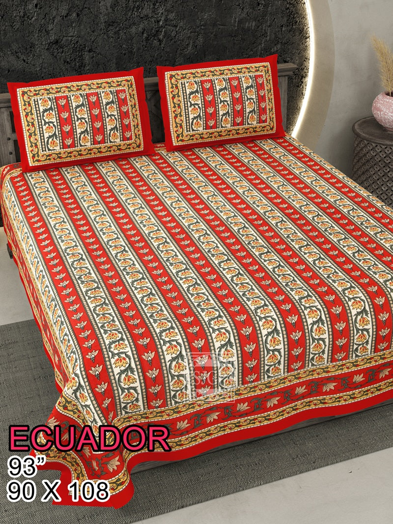 ECAUDOR Cotton Bedsheet- Red Floral Strips Print (90 x 108 Inches)