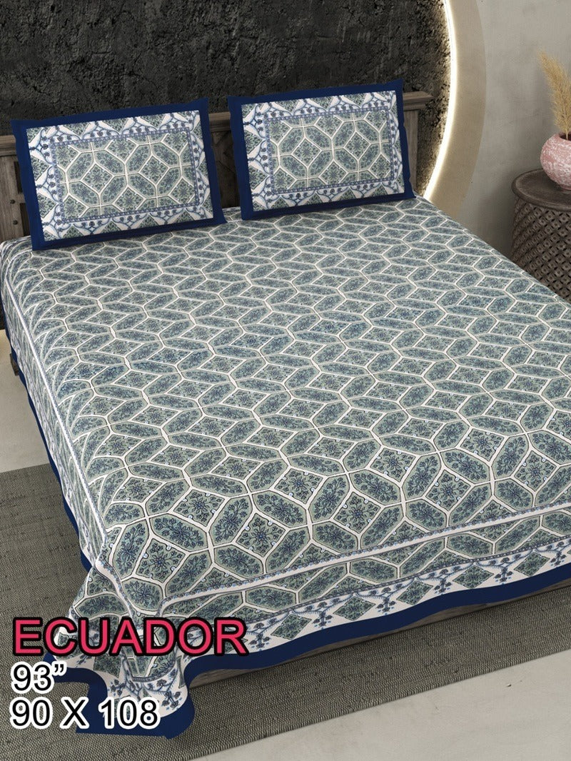 ECAUDOR Cotton Bedsheet- Grey Floral Geometric Print (90 x 108 Inches)