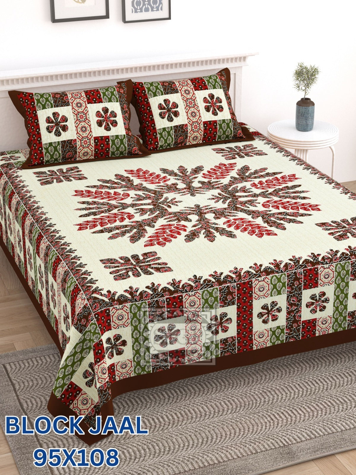 BLOCK JAAL Cotton Bedsheet- Wine Floral Print (95 x 108 Inches)