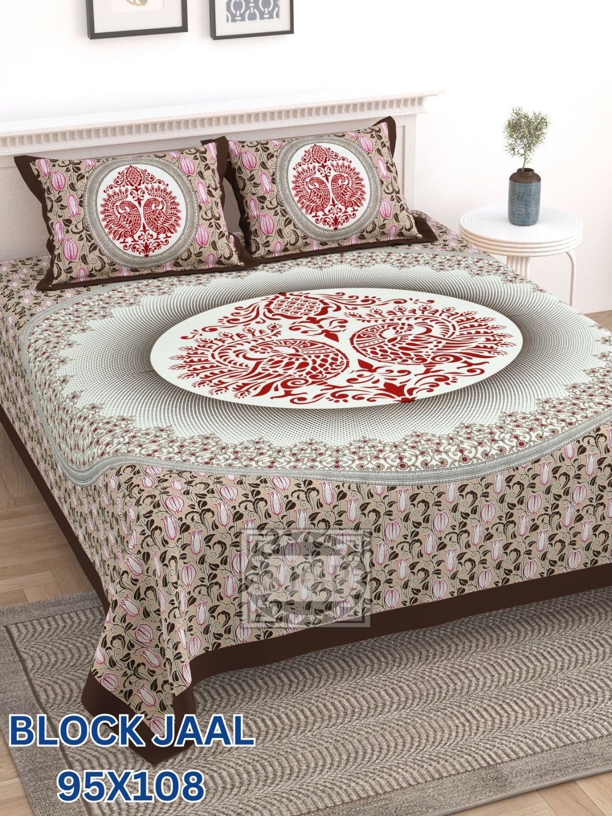 BLOCK JAAL Cotton Bedsheet- Brown White Floral Print (95 x 108 Inches)