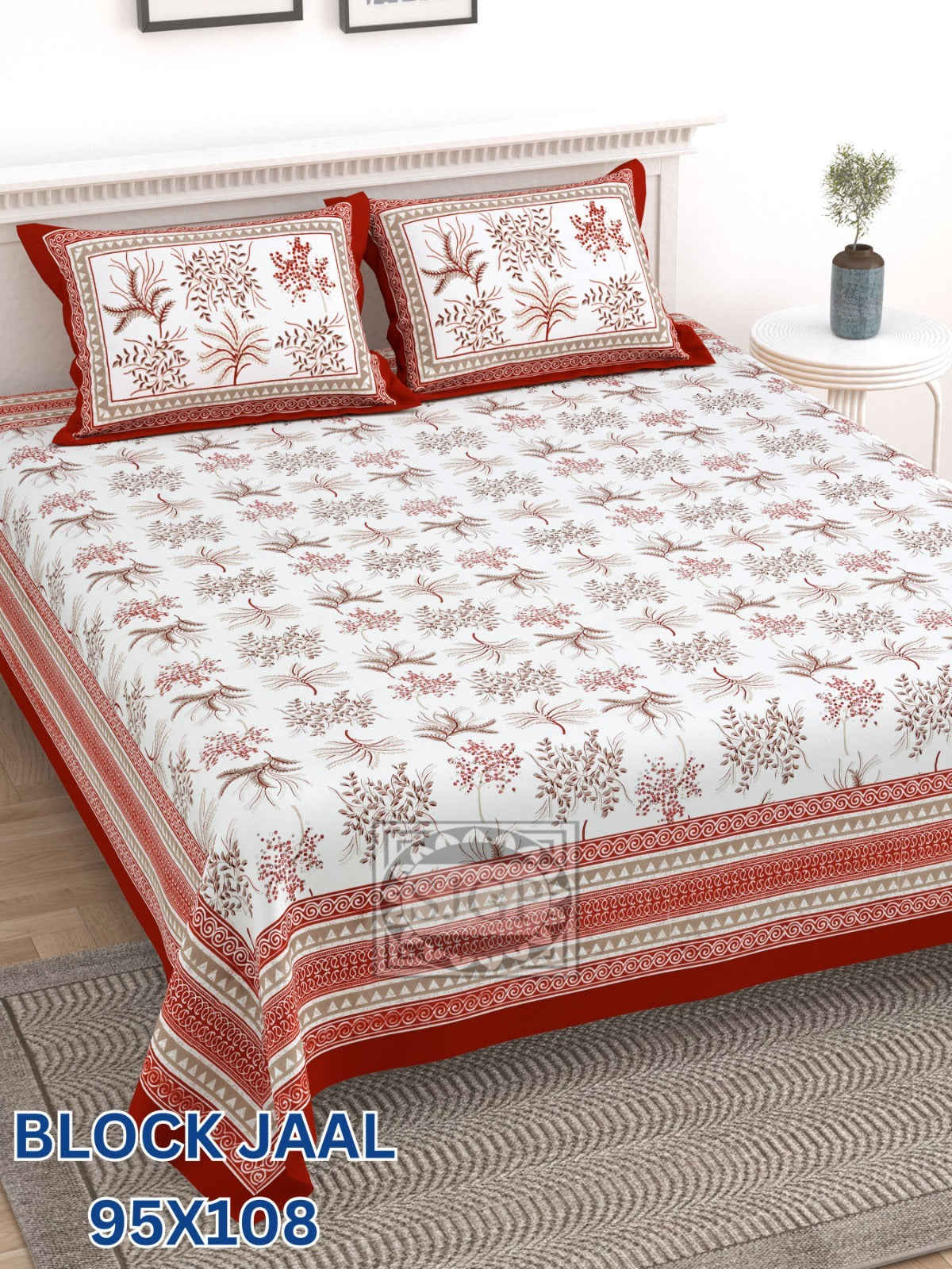 BLOCK JAAL Cotton Bedsheet- Red White Floral Print (95 x 108 Inches)