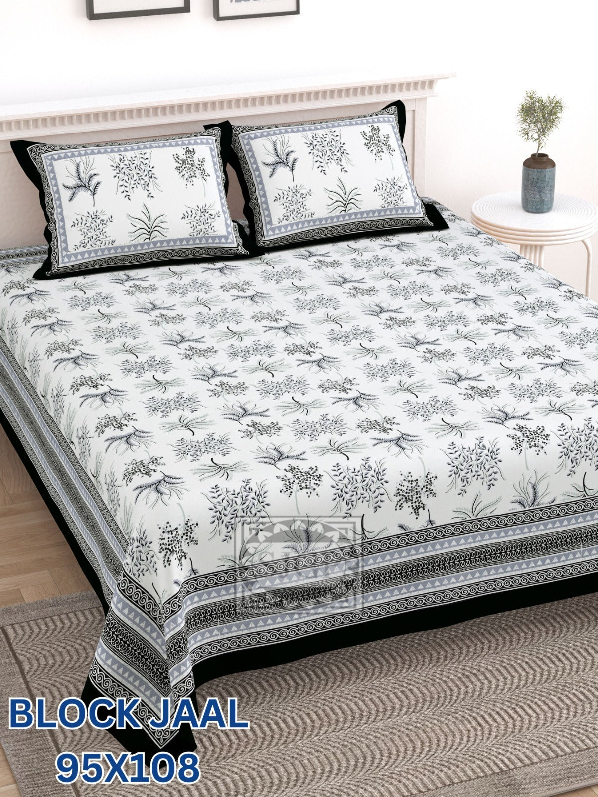 BLOCK JAAL Cotton Bedsheet- Grey White Floral Print (95 x 108 Inches)