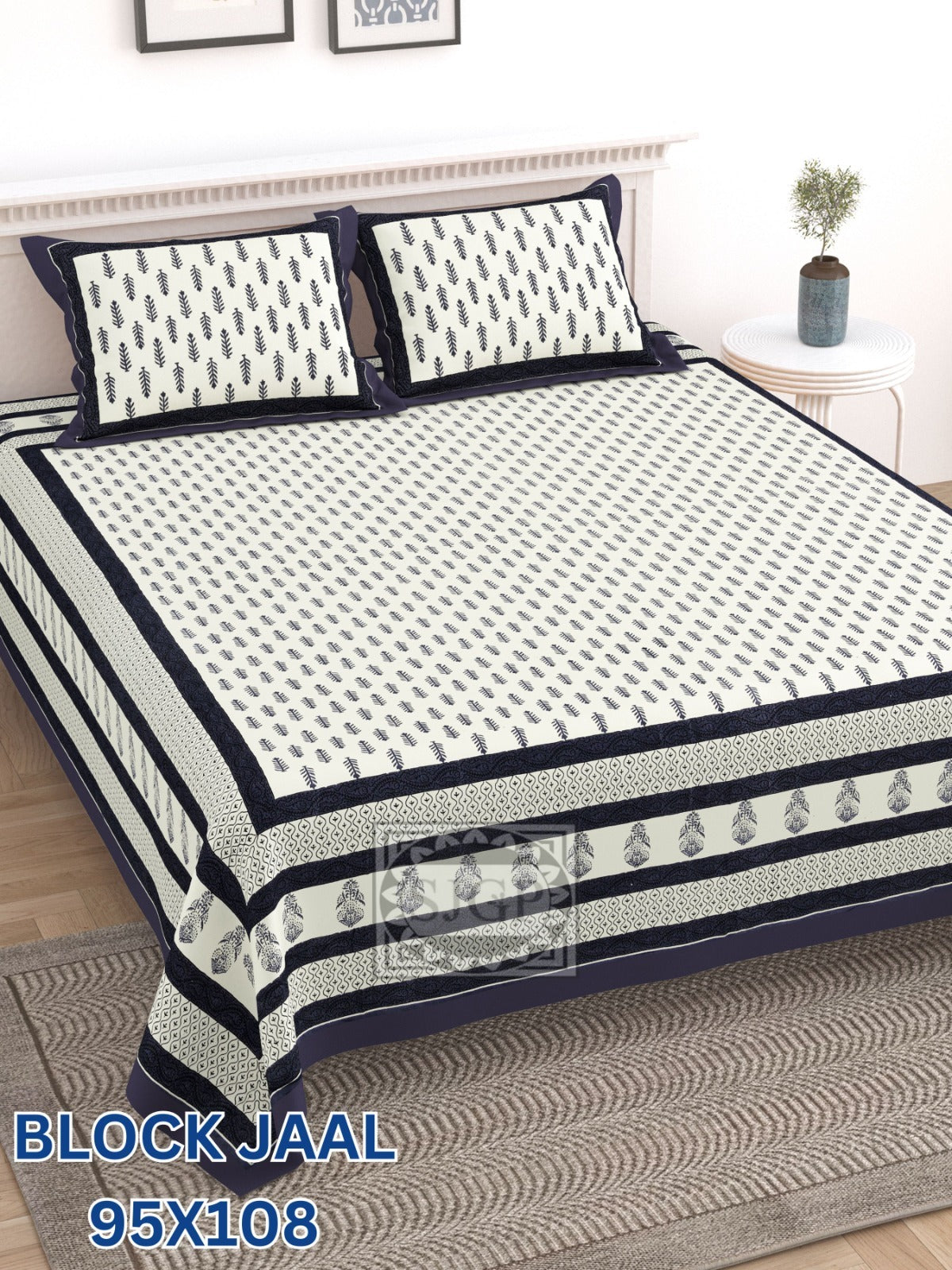 BLOCK JAAL Cotton Bedsheet- Black White Floral Print (95 x 108 Inches)