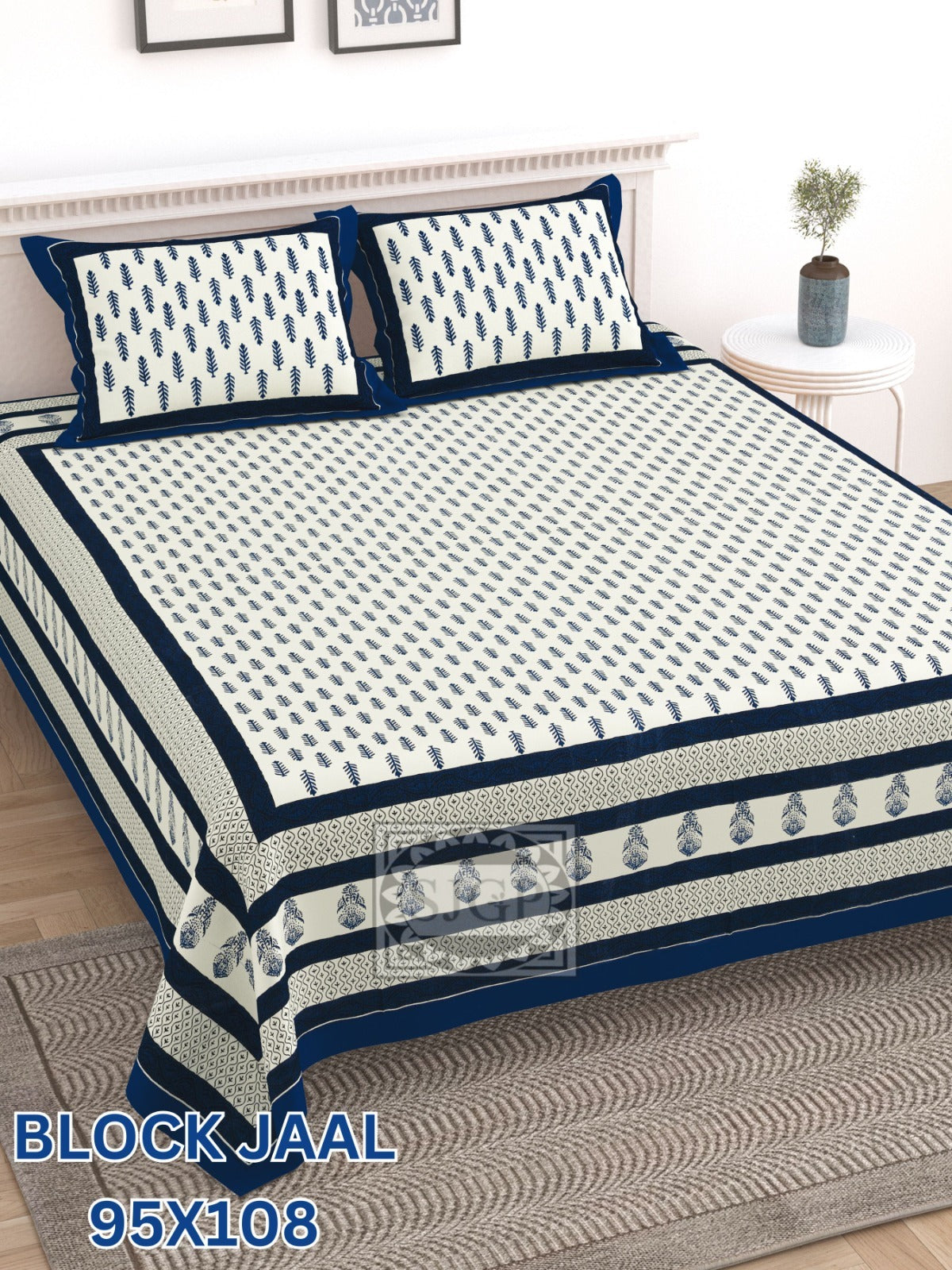 BLOCK JAAL Cotton Bedsheet- Navy White Floral Print (95 x 108 Inches)