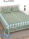 BLOCK JAAL Cotton Bedsheet- Green Floral Print (95 x 108 Inches)