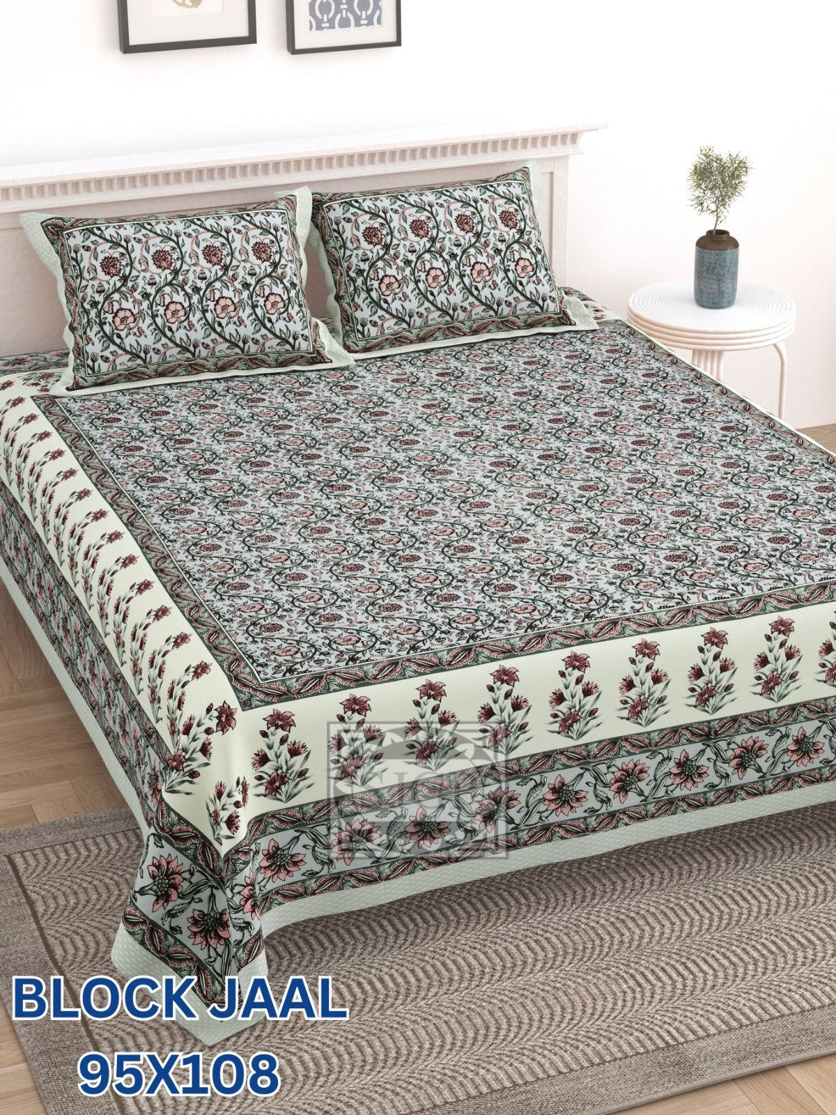 BLOCK JAAL Cotton Bedsheet- Grey Floral Print (95 x 108 Inches)