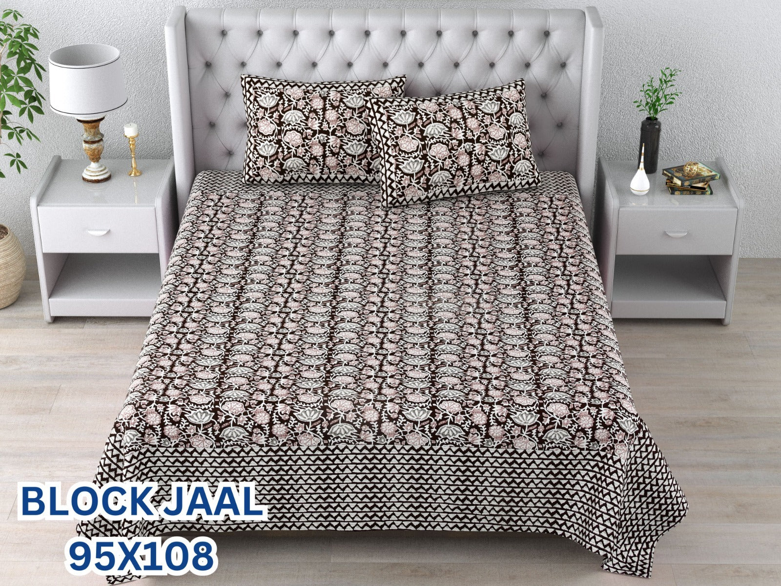 BLOCK JAAL Cotton Bedsheet- Black Floral Print (95 x 108 Inches)