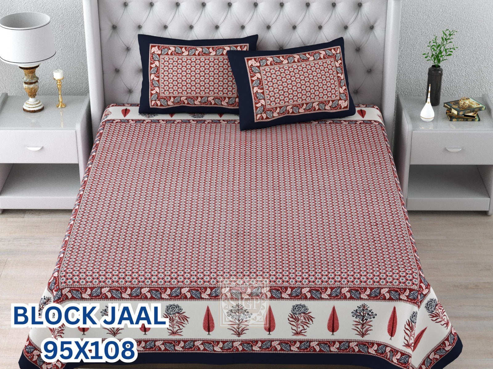 BLOCK JAAL Cotton Bedsheet- Maroon Floral Print (95 x 108 Inches)
