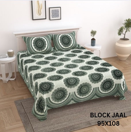 BLOCK JAAL Cotton Bedsheet- Green Floral Print (95 x 108 Inches)