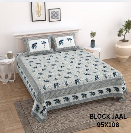 BLOCK JAAL Cotton Bedsheet- Blue Floral Print (95 x 108 Inches)