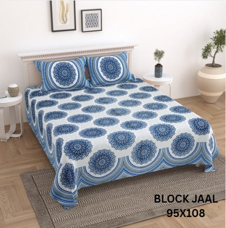BLOCK JAAL Cotton Bedsheet- Blue Floral Print (95 x 108 Inches)
