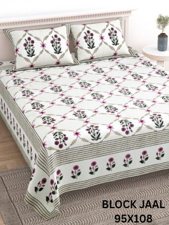 BLOCK JAAL Cotton Bedsheet- Purple Floral Print (95 x 108 Inches)