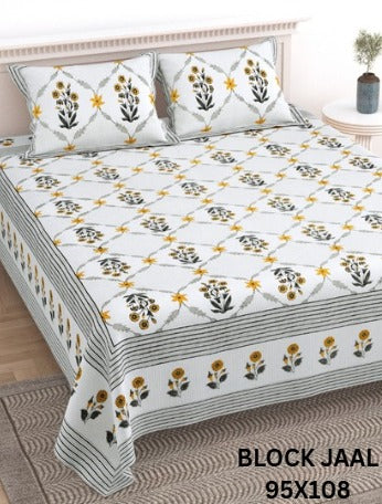 BLOCK JAAL Cotton Bedsheet- Yellow Floral Print (95 x 108 Inches)