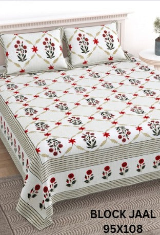 BLOCK JAAL Cotton Bedsheet- Red Floral Print (95 x 108 Inches)