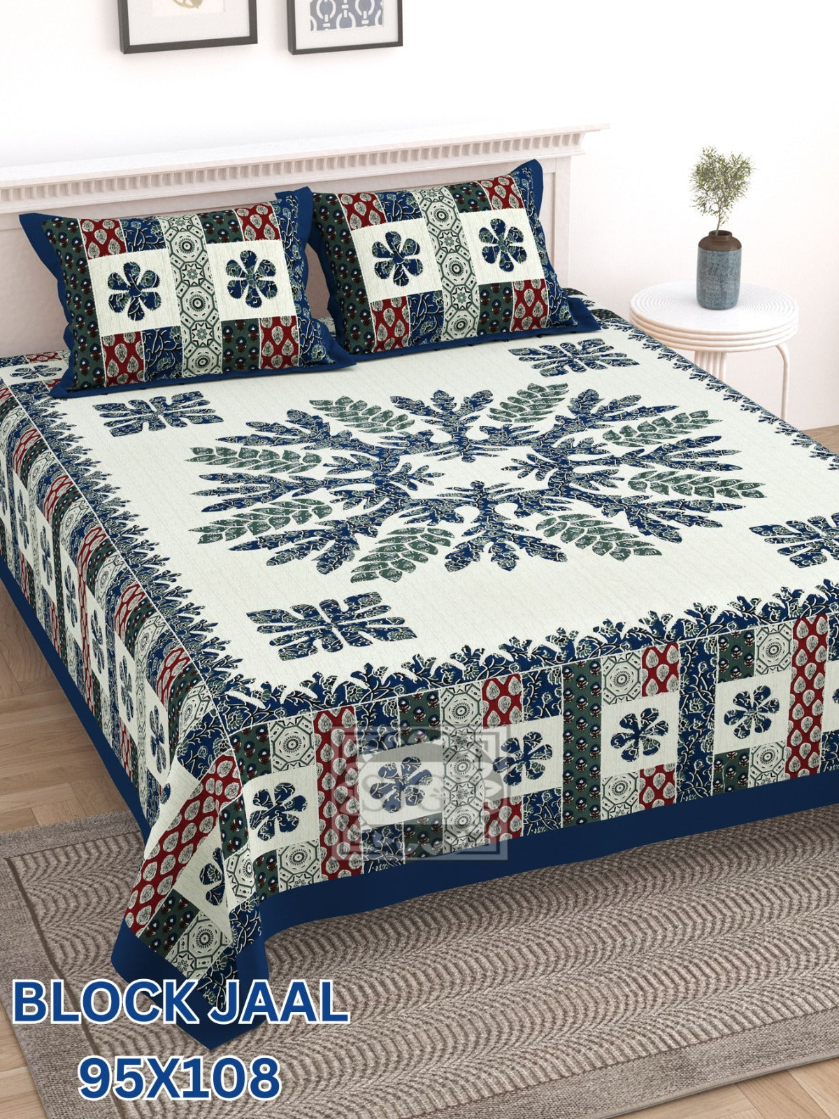 BLOCK JAAL Cotton Bedsheet- Blue Floral Print (95 x 108 Inches)