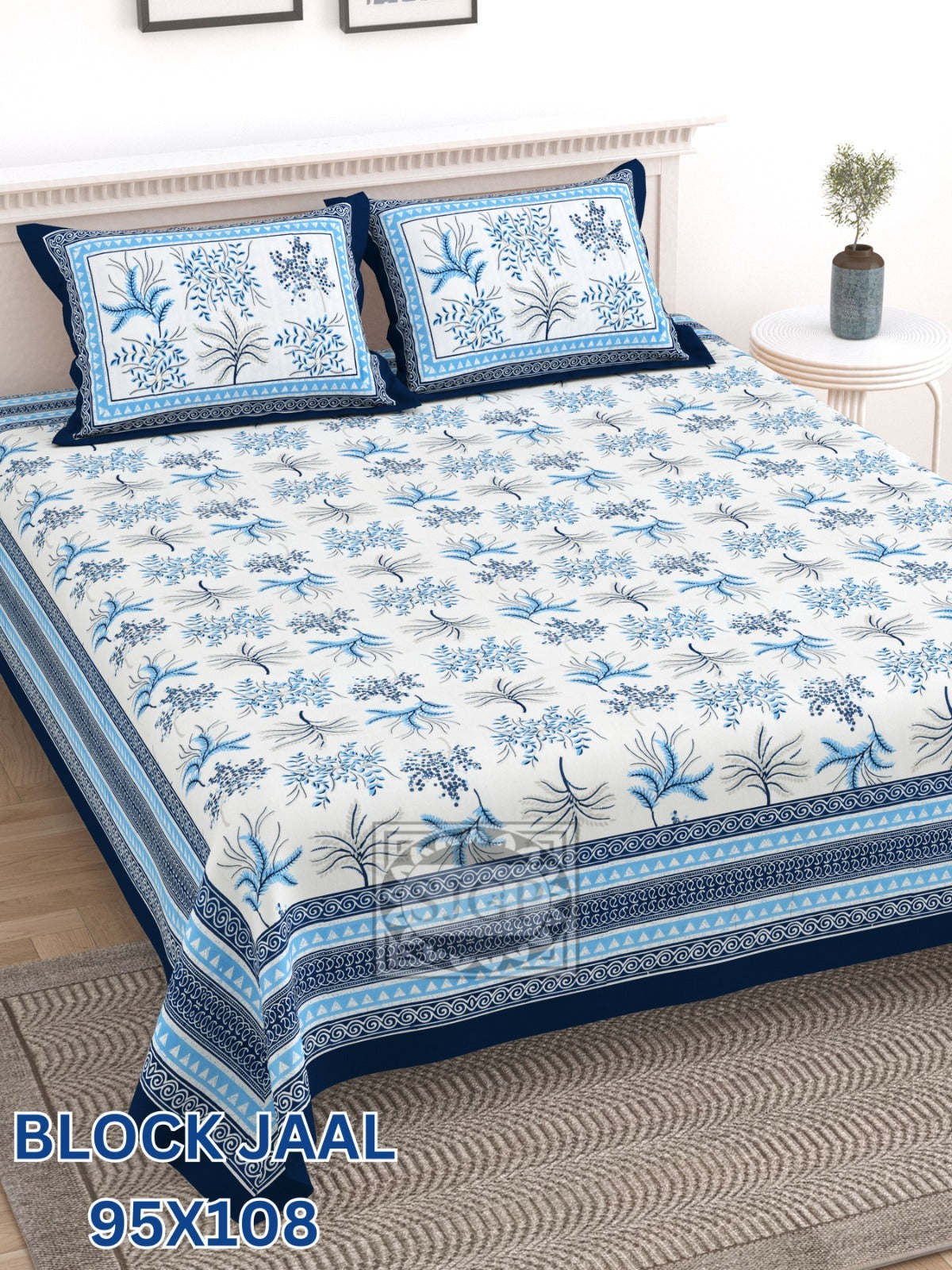 BLOCK JAAL Cotton Bedsheet- Blue White Floral Print (95 x 108 Inches)