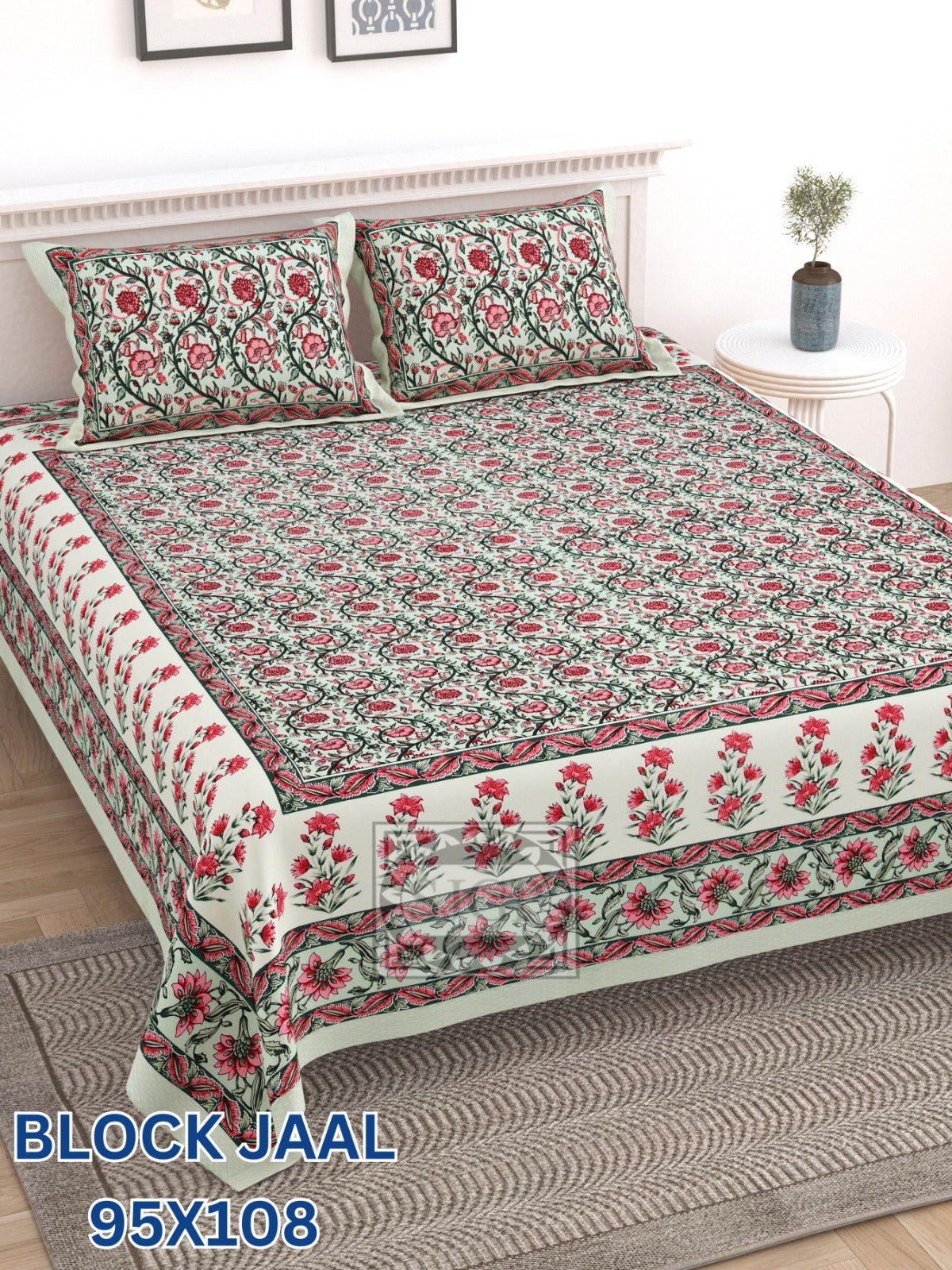 BLOCK JAAL Cotton Bedsheet- Red Floral Print (95 x 108 Inches)