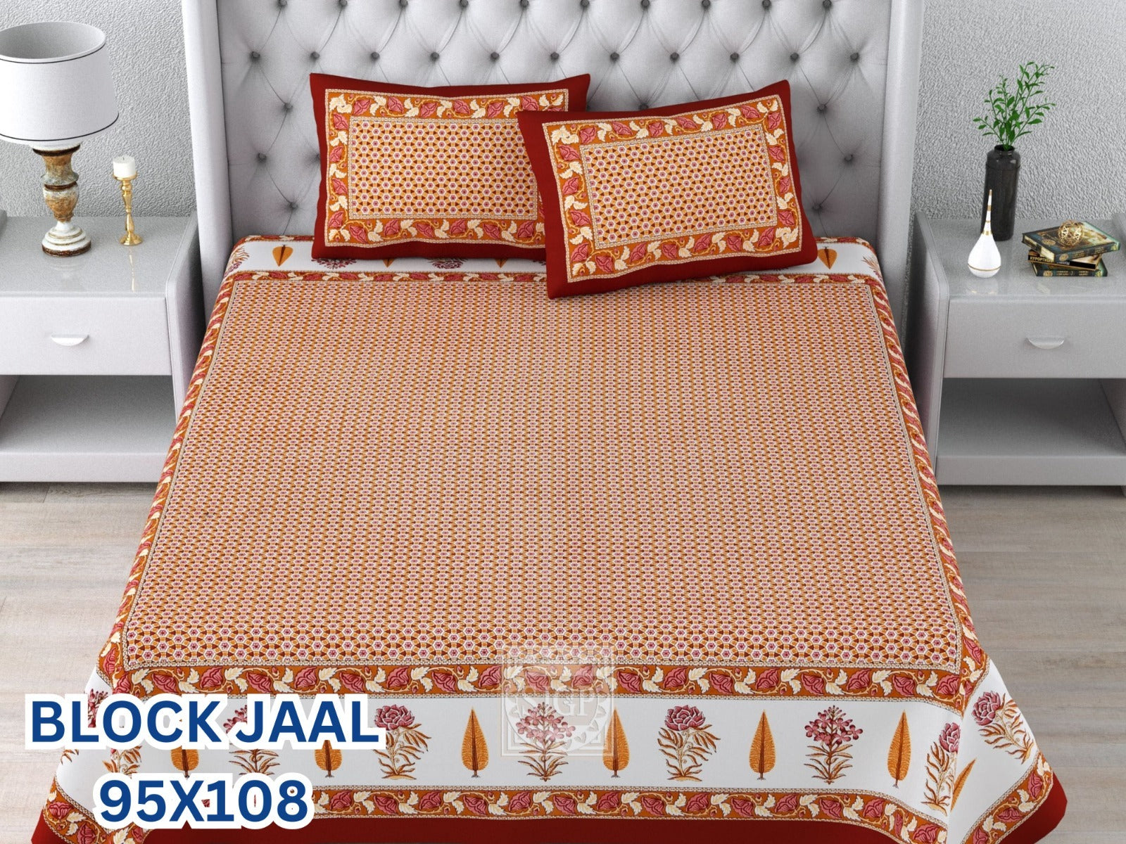 BLOCK JAAL Cotton Bedsheet- Orange Floral Print (95 x 108 Inches)