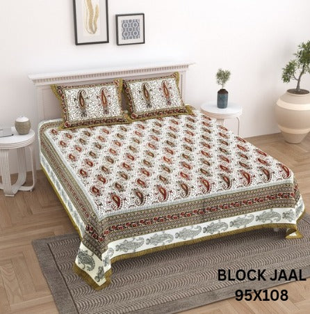 BLOCK JAAL Cotton Bedsheet- Mustard Floral Print (95 x 108 Inches)