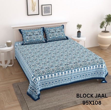 BLOCK JAAL Cotton Bedsheet- Blue Floral Print (95 x 108 Inches)