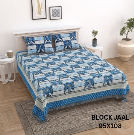 BLOCK JAAL Cotton Bedsheet- Blue Floral Print (95 x 108 Inches)
