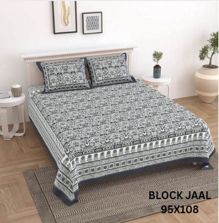 BLOCK JAAL Cotton Bedsheet- Grey Floral Print (95 x 108 Inches)