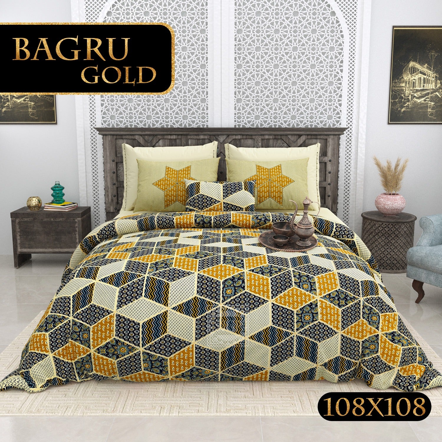 BAGRU GOLD Cotton Bedsheet- Grey Multi Print (108 x 108 Inches)