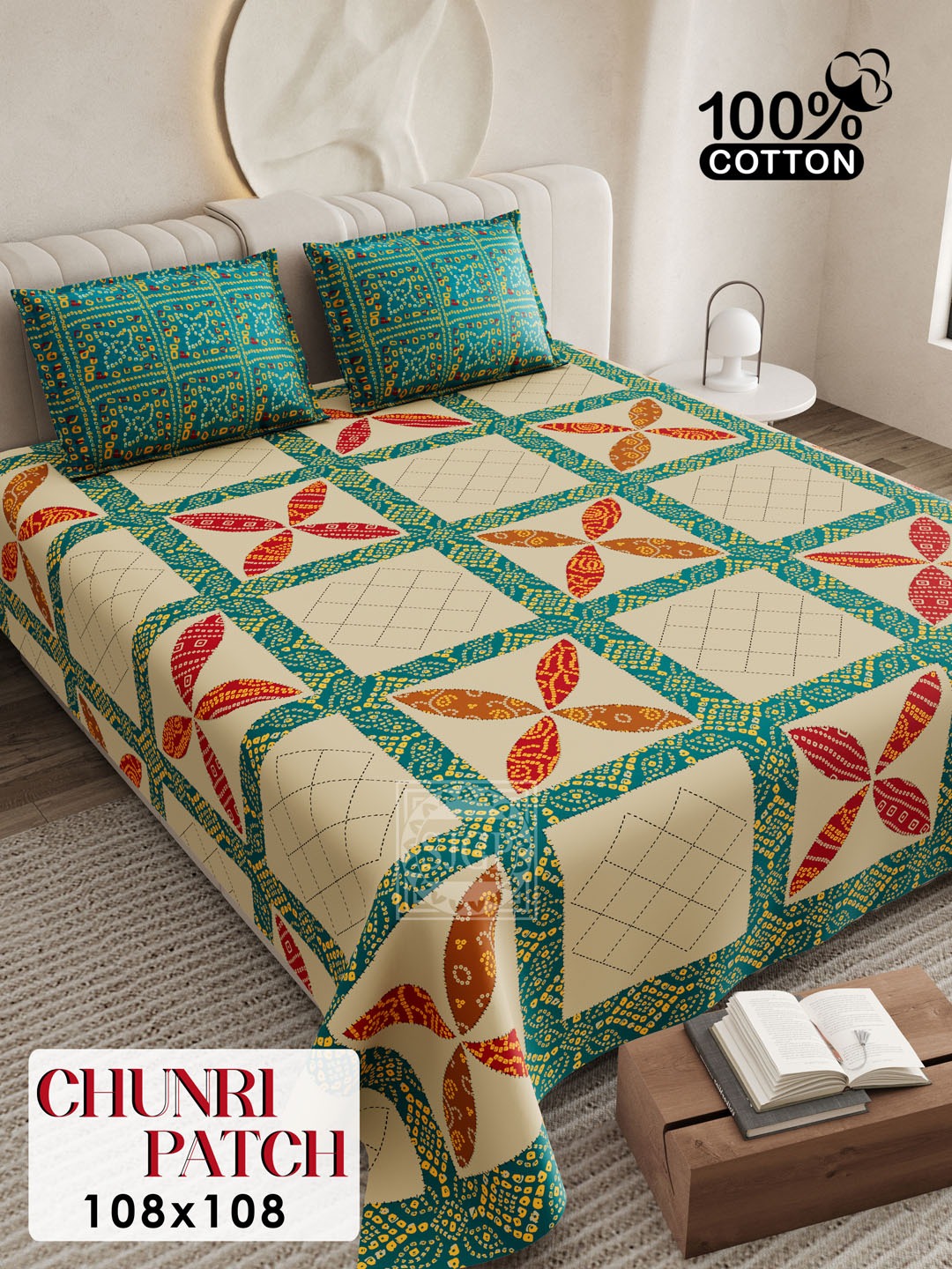 CHUNRI PATCH Cotton Bedsheet- Green Multi Print (108 x 108 Inches)