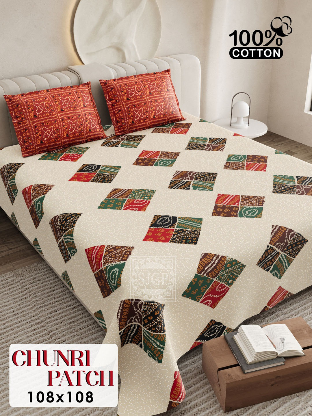 CHUNRI PATCH Cotton Bedsheet- Off-White Multi Print (108 x 108 Inches)