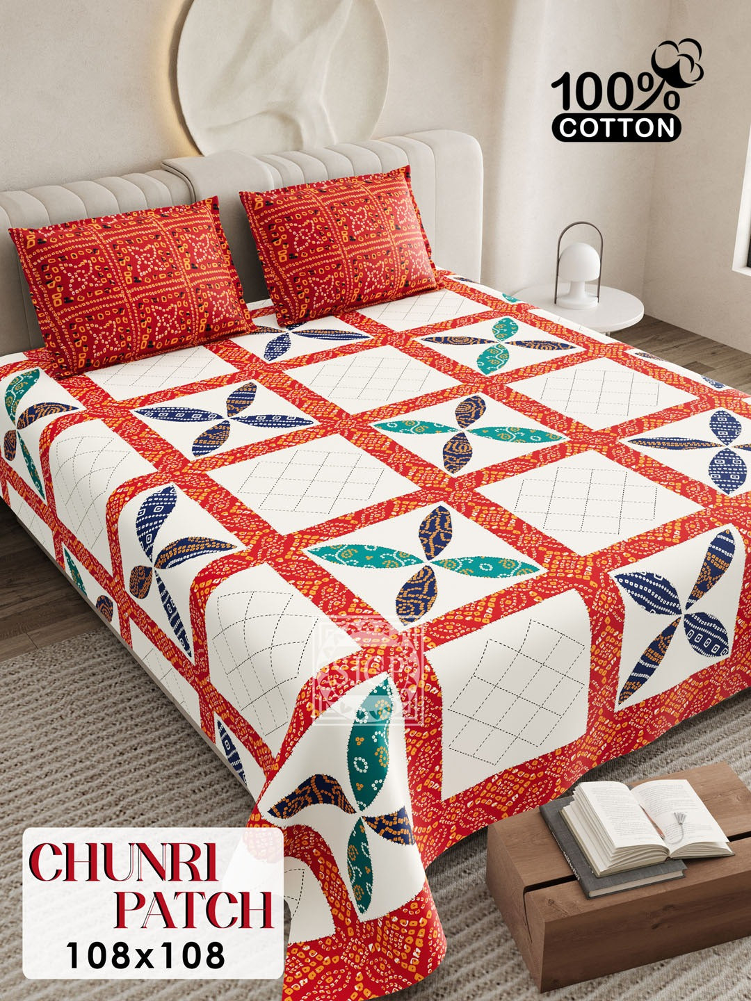 CHUNRI PATCH Cotton Bedsheet- Red Multi Print (108 x 108 Inches)