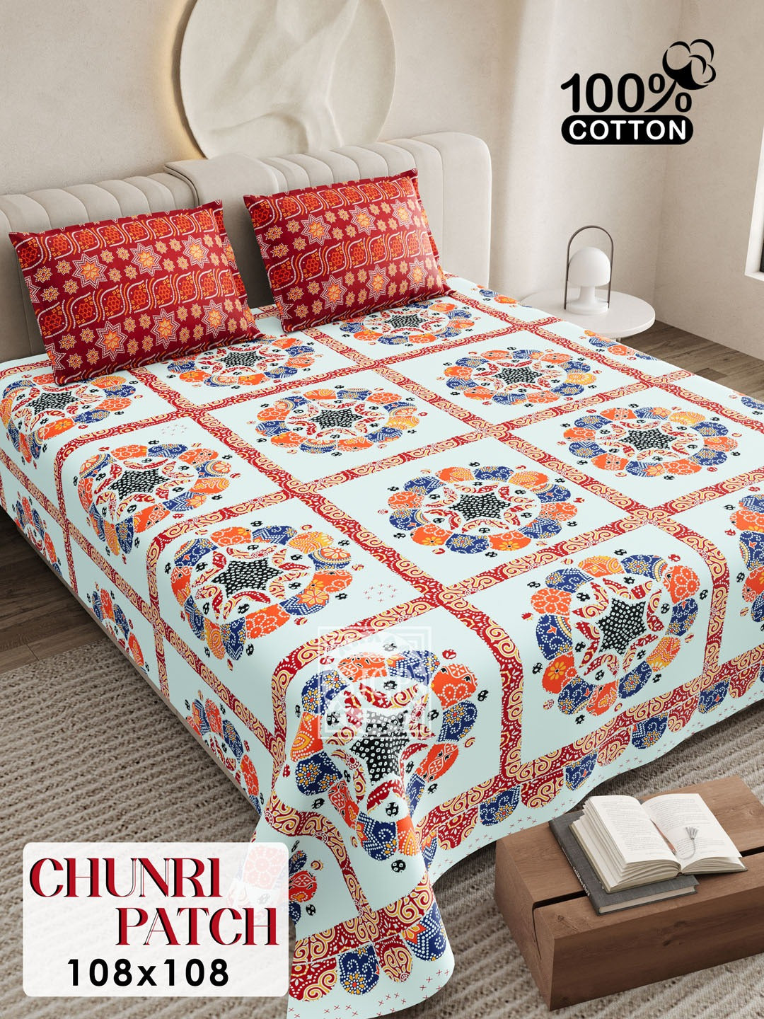 CHUNRI PATCH Cotton Bedsheet- Light Blue Multi Print (108 x 108 Inches)