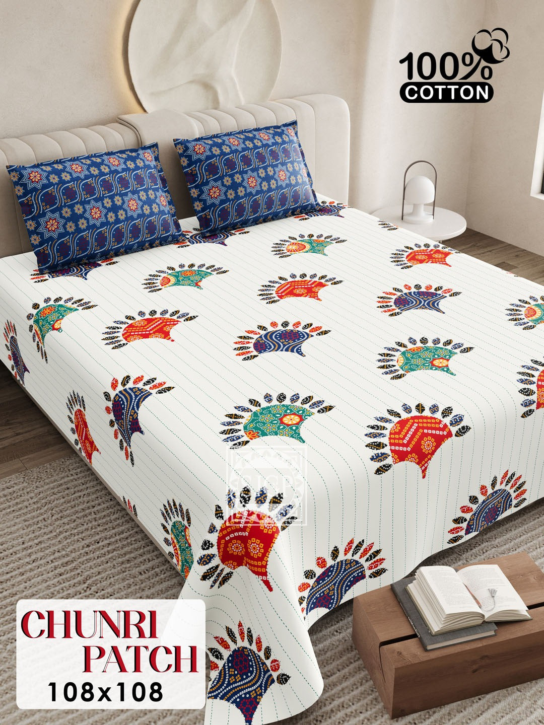CHUNRI PATCH Cotton Bedsheet- White Multi Print (108 x 108 Inches)