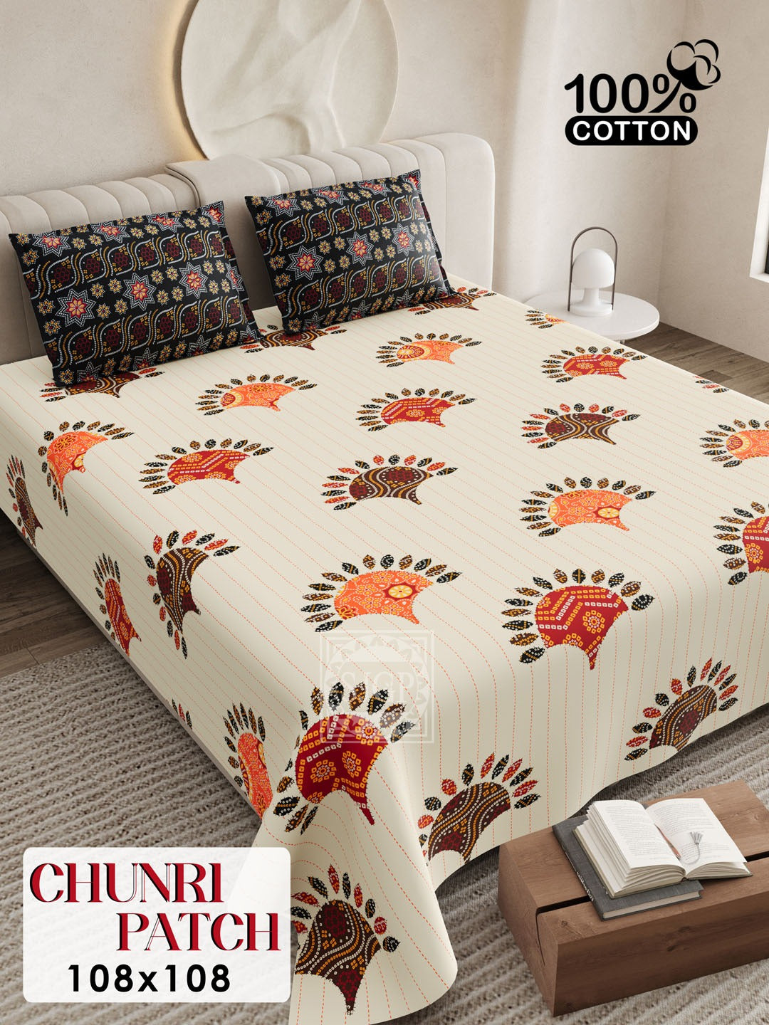 CHUNRI PATCH Cotton Bedsheet- Off-White Multi Print (108 x 108 Inches)