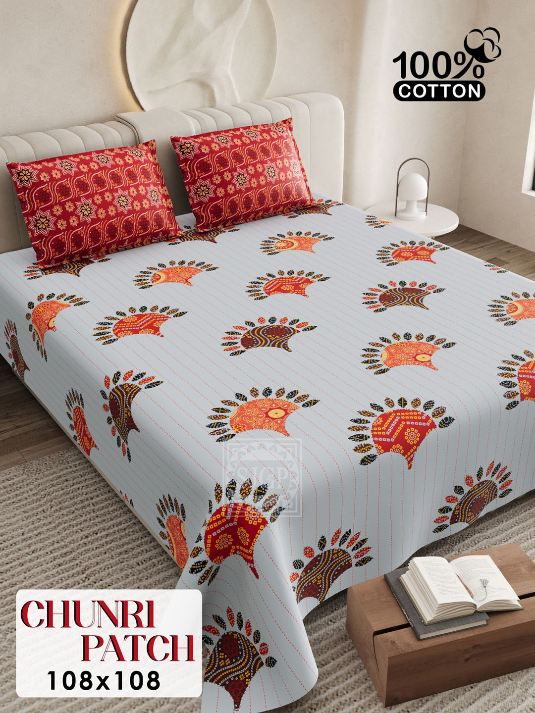 CHUNRI PATCH Cotton Bedsheet- Grey Multi Print (108 x 108 Inches)