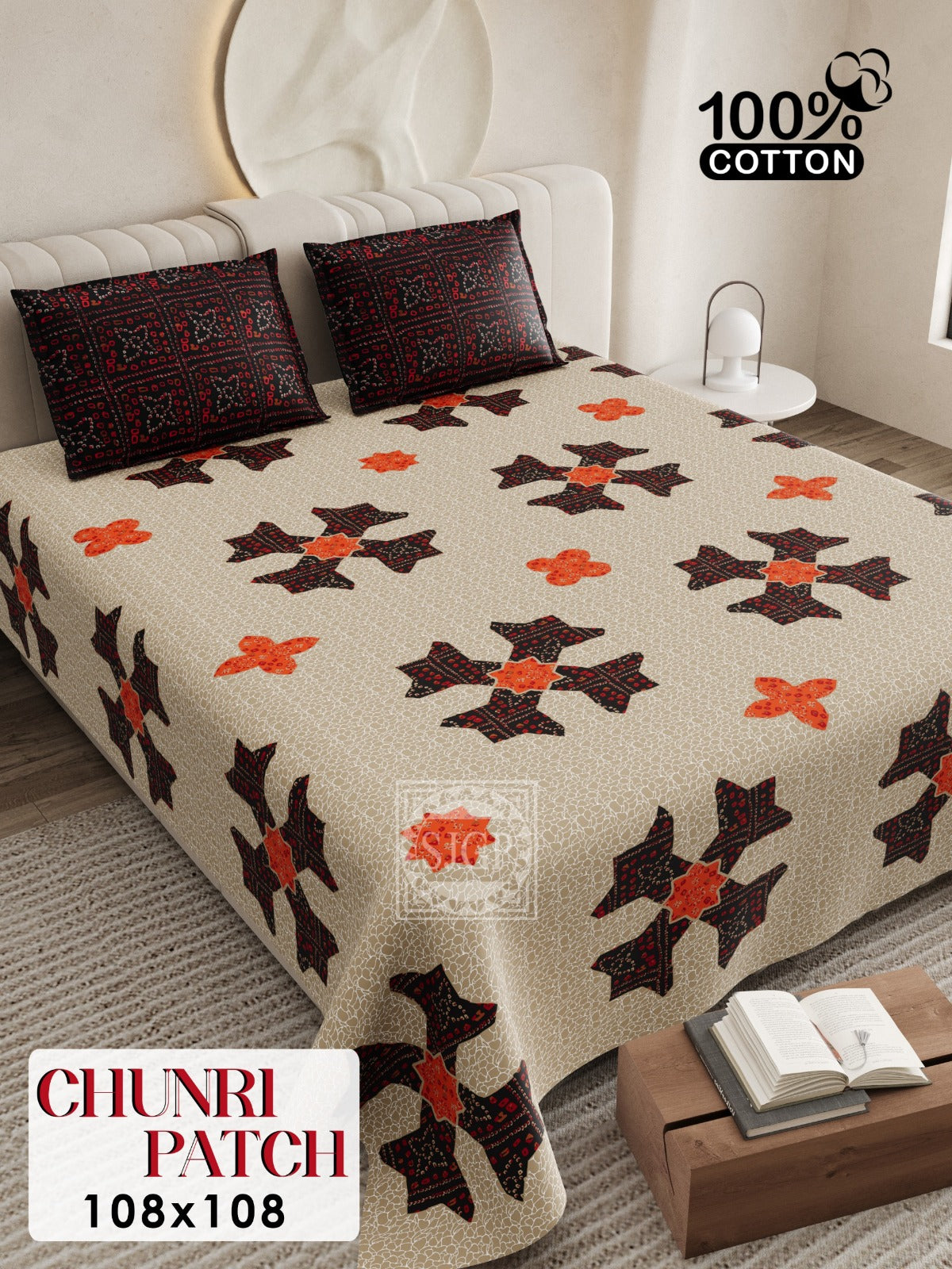CHUNRI PATCH Cotton Bedsheet- Grey Multi Print (108 x 108 Inches)