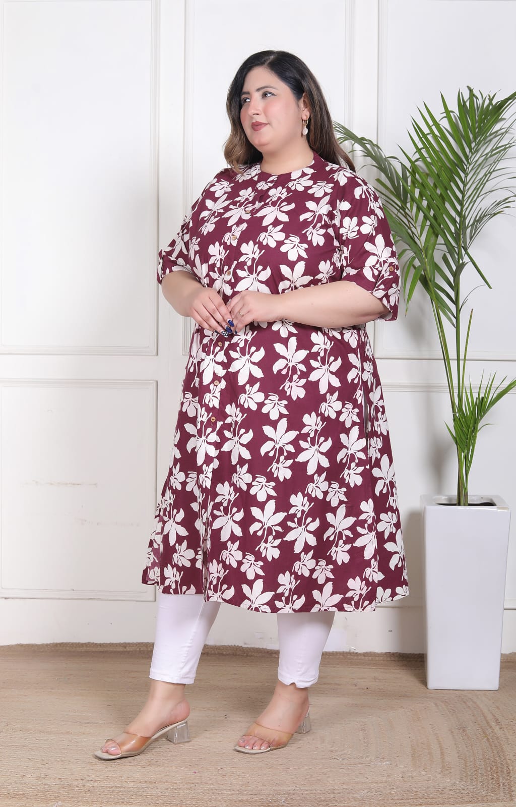 Wine Plus Size Floral Printed A-Line Kurti