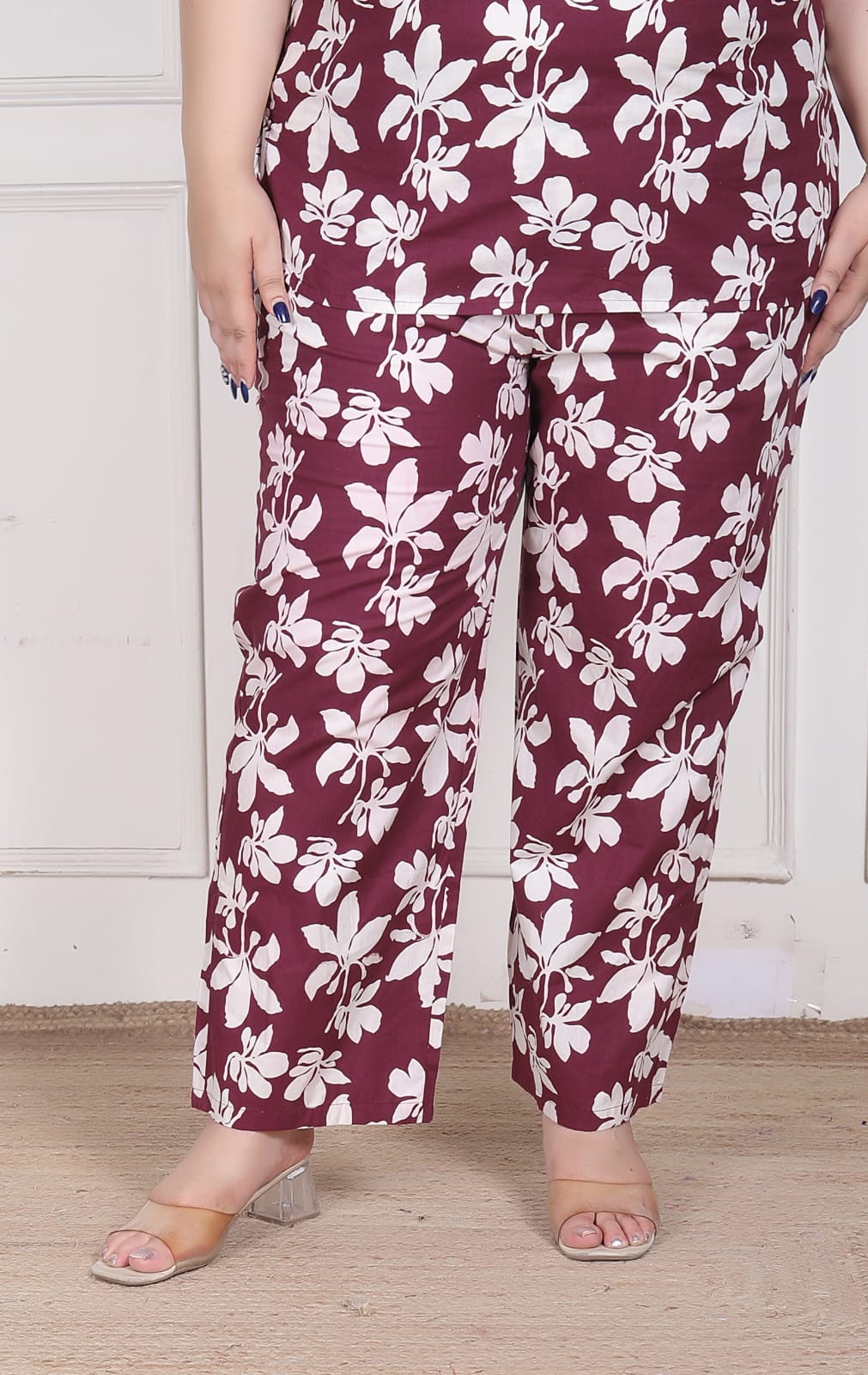 Wine Plus Size Floral Printed Co-Ord Set