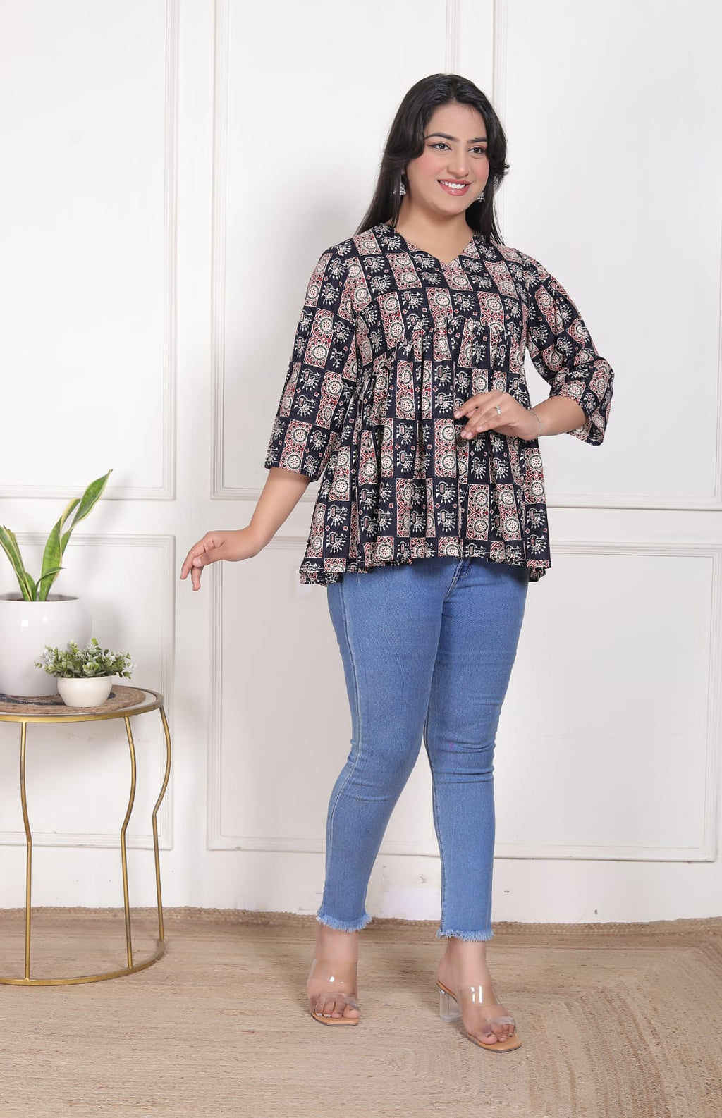 Black Printed Flared Alia Cut Top