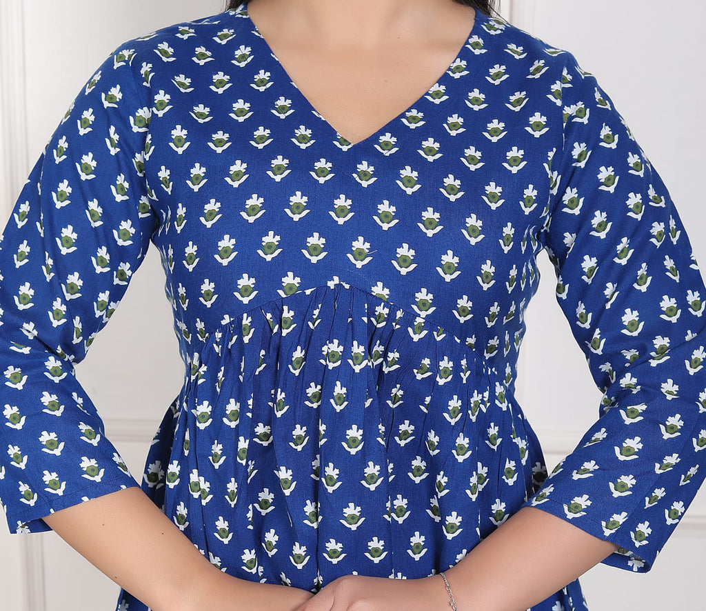 Blue Printed Flared Alia Cut Top