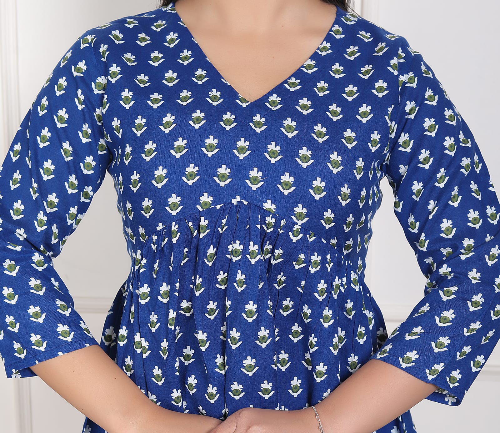Blue Printed Flared Alia Cut Top